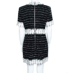 Pre Owned Balmain Monochrome Cotton Blend Tweed Mini Dress L