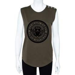 Pre Owned Balmain Green Cotton Jersey Velvet Crest Print Tank Top S