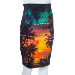 Pre Owned Balmain Black Sunset Printed Denim High Waist Skirt M