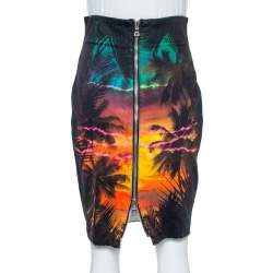 Pre Owned Balmain Black Sunset Printed Denim High Waist Skirt M