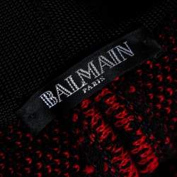 Pre Owned Balmain Red/Black Checkered Tweed Fringe Skirt M