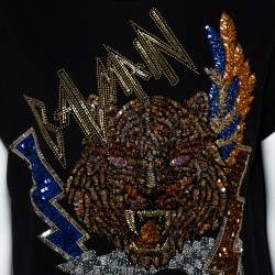Pre Owned Balmain Black Cotton Jersey Sequined Tiger Motif T-Shirt S