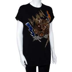 Pre Owned Balmain Black Cotton Jersey Sequined Tiger Motif T-Shirt S