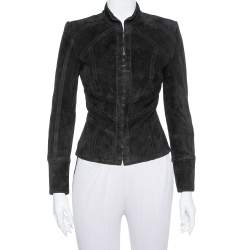 Pre Owned Balmain Black Suede Hook and Eye Front Fitted Jacket S