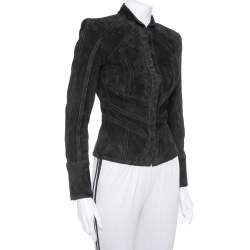 Pre Owned Balmain Black Suede Hook and Eye Front Fitted Jacket S