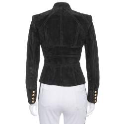 Pre Owned Balmain Black Suede Hook and Eye Front Fitted Jacket S