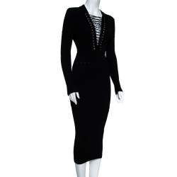 Pre Owned Balmain Black Rib Knit Lace Up Neckline Fitted Dress S