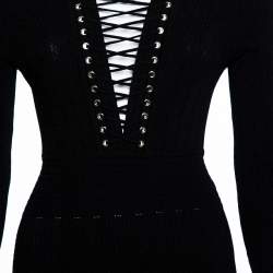 Pre Owned Balmain Black Rib Knit Lace Up Neckline Fitted Dress S