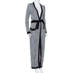 Balmain Monochrome Houndstooth Patterned Knit Belted Long Cardigan S