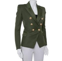 Pre Owned Balmain Army Green Wool Double-Breasted Blazer S