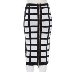Pre Owned Balmain Monochrome Block Patterned Knit High Waist Midi Skirt M