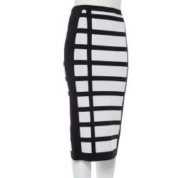Pre Owned Balmain Monochrome Block Patterned Knit High Waist Midi Skirt M