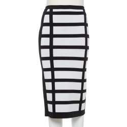 Pre Owned Balmain Monochrome Block Patterned Knit High Waist Midi Skirt M