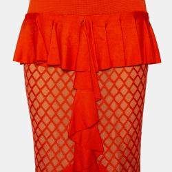Pre Owned Balmain Orange Knit Ruffled Midi Skirt M