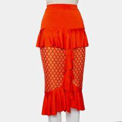 Pre Owned Balmain Orange Knit Ruffled Midi Skirt M