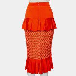 Pre Owned Balmain Orange Knit Ruffled Midi Skirt M