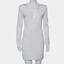 Balmain White Textured Knit Lace Up Tie Detail Mini Dress M