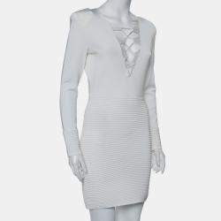 Balmain White Textured Knit Lace Up Tie Detail Mini Dress M