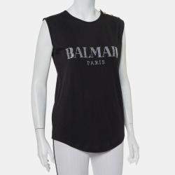 Balmain Black Cotton Crystal Logo Embellished Button Detail Sleeveless T-Shirt M