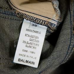 Balmain Blue Denim Quilted Detail Faded Effect Biker Jeans M