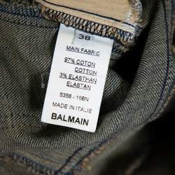 Balmain Blue Denim Quilted Detail Faded Effect Biker Jeans M