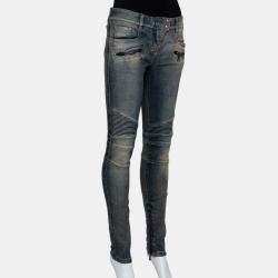 Balmain Blue Denim Quilted Detail Faded Effect Biker Jeans M