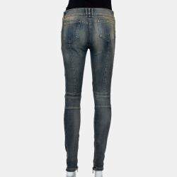 Balmain Blue Denim Quilted Detail Faded Effect Biker Jeans M