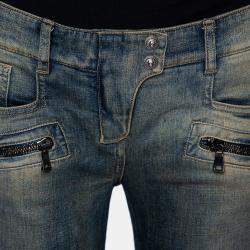 Balmain Blue Denim Quilted Detail Faded Effect Biker Jeans M