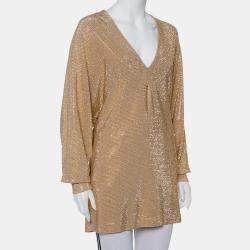 Balmain Gold Rhinestone Embellished Knit V-Neck Oversized Top M
