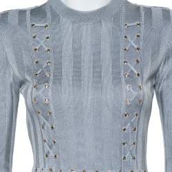 Pre Owned Balmain Grey Knit Lace Up Detail Mini Dress M