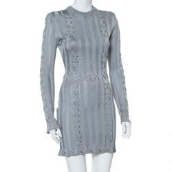 Pre Owned Balmain Grey Knit Lace Up Detail Mini Dress M
