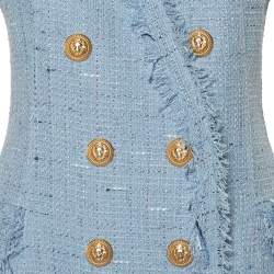 Pre Owned Balmain Powder Blue Tweed Double Breasted Sleeveless Mini Dress M