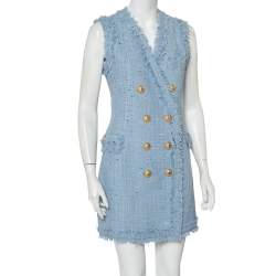 Pre Owned Balmain Powder Blue Tweed Double Breasted Sleeveless Mini Dress M
