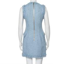 Pre Owned Balmain Powder Blue Tweed Double Breasted Sleeveless Mini Dress M