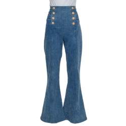 Pre Owned Balmain Blue Denim High Waist Paneled Bootcut Jeans L