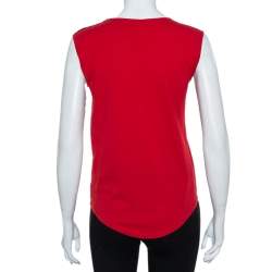 Pre Owned Balmain Red Logo Printed Cotton Shoulder Button Detail Sleeveless T-Shirt S
