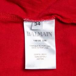Pre Owned Balmain Red Logo Printed Cotton Shoulder Button Detail Sleeveless T-Shirt S