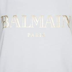 Pre Owned Balmain White Logo Printed Cotton Shoulder Button Detail Sleeveless T-Shirt M