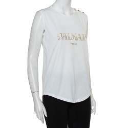 Pre Owned Balmain White Logo Printed Cotton Shoulder Button Detail Sleeveless T-Shirt M