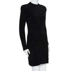 Pre Owned Balmain Black Lurex Knit Shoulder Button Detail Mini Dress M