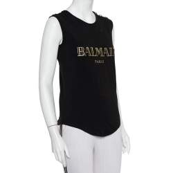Pre Owned Balmain Black Logo Printed Cotton Shoulder Button Detail Sleeveless T-Shirt S