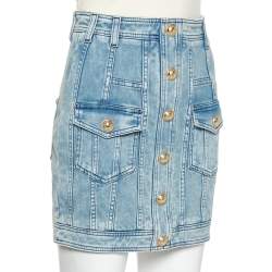 Pre Owned Balmain Blue Light Wash Denim Button Detail Mini Skirt M