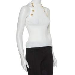 Pre Owned Balmain White Rib Knit Button Embellished Cutaway Top S