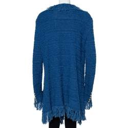 Pre Owned Balmain Blue Textured knit Fringed Open Front Jacket XL