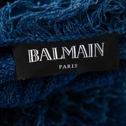 Pre Owned Balmain Blue Textured knit Fringed Open Front Jacket XL