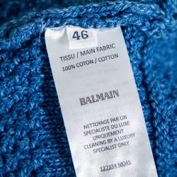 Pre Owned Balmain Blue Textured knit Fringed Open Front Jacket XL