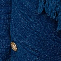 Pre Owned Balmain Blue Textured knit Fringed Open Front Jacket XL