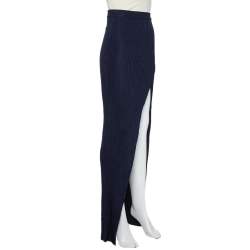 Pre Owned Balmain Navy Blue Rib Knit Thigh High Slit Detail Faux Wrap Maxi Skirt S