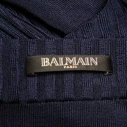 Pre Owned Balmain Navy Blue Rib Knit Thigh High Slit Detail Faux Wrap Maxi Skirt S