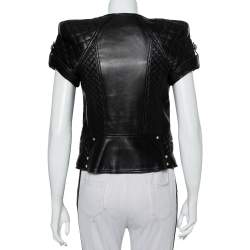 Pre Owned Balmain Black Leather Quilted Detail Short Sleeve Biker Jacket S
